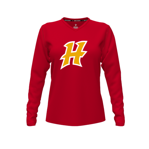 [CUS-DFW-TEES-CMF-VNK-LSL-RED-FYXS-LOGO1] Decker Comfort T-Shirt (Female Youth XS, Red, V Neck, Logo 1, Long Sleeve)